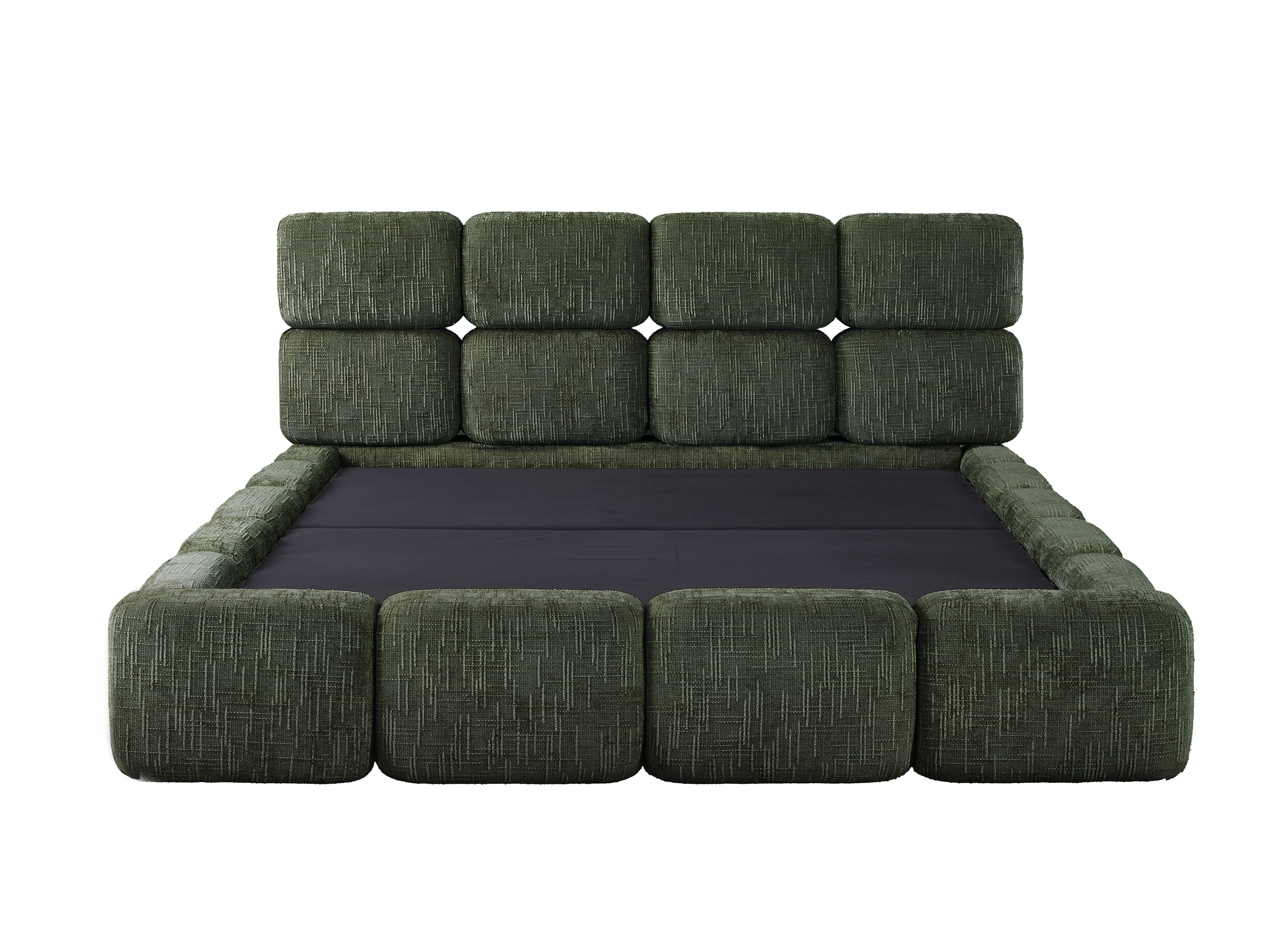 Cama con almacenaje BUBBLE en terciopelo jaspeado verde oliva de 140x190 cm