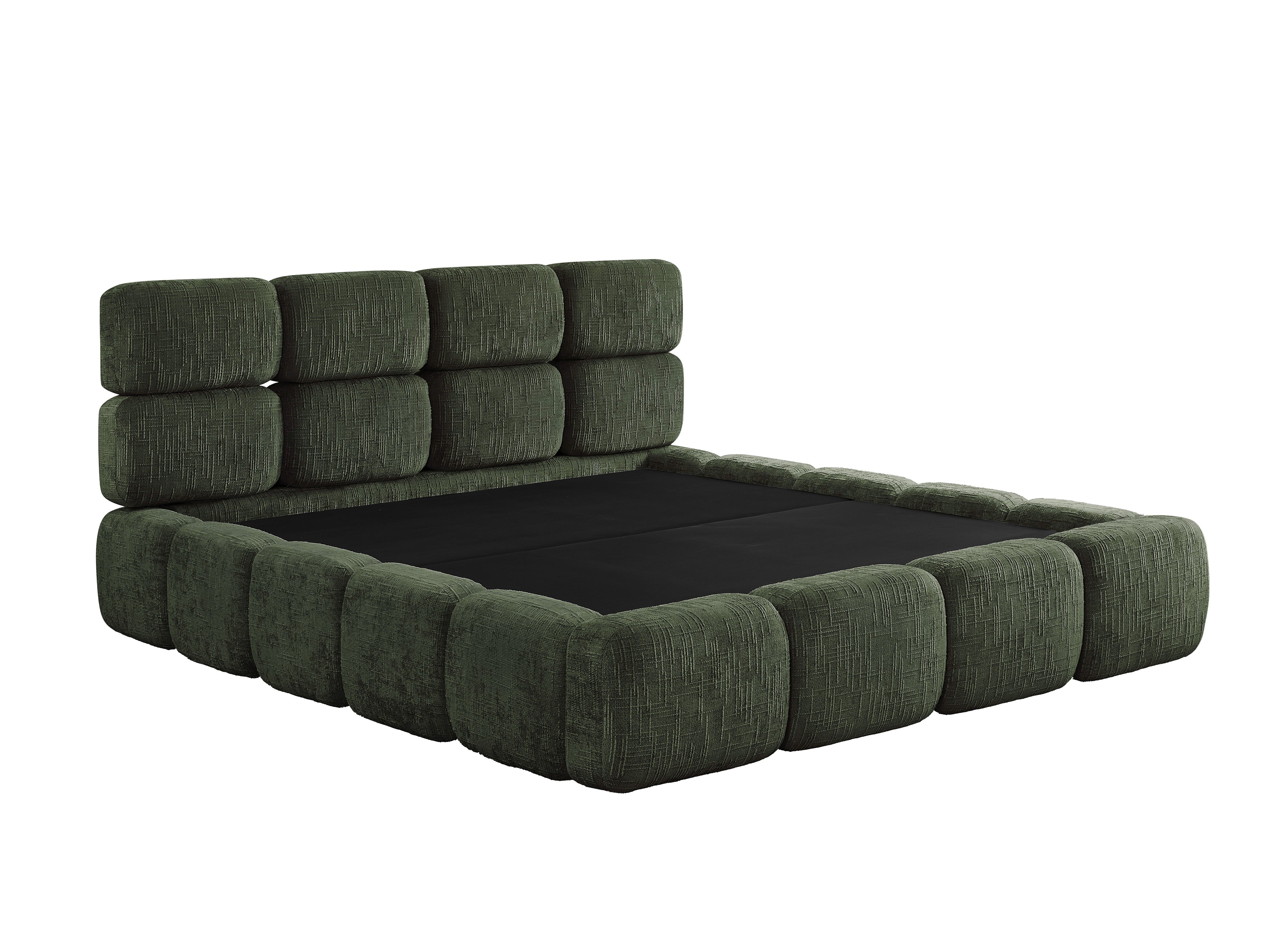 Cama BUBBLE de 160x200 cm en terciopelo jaspeado verde oliva con almacenaje