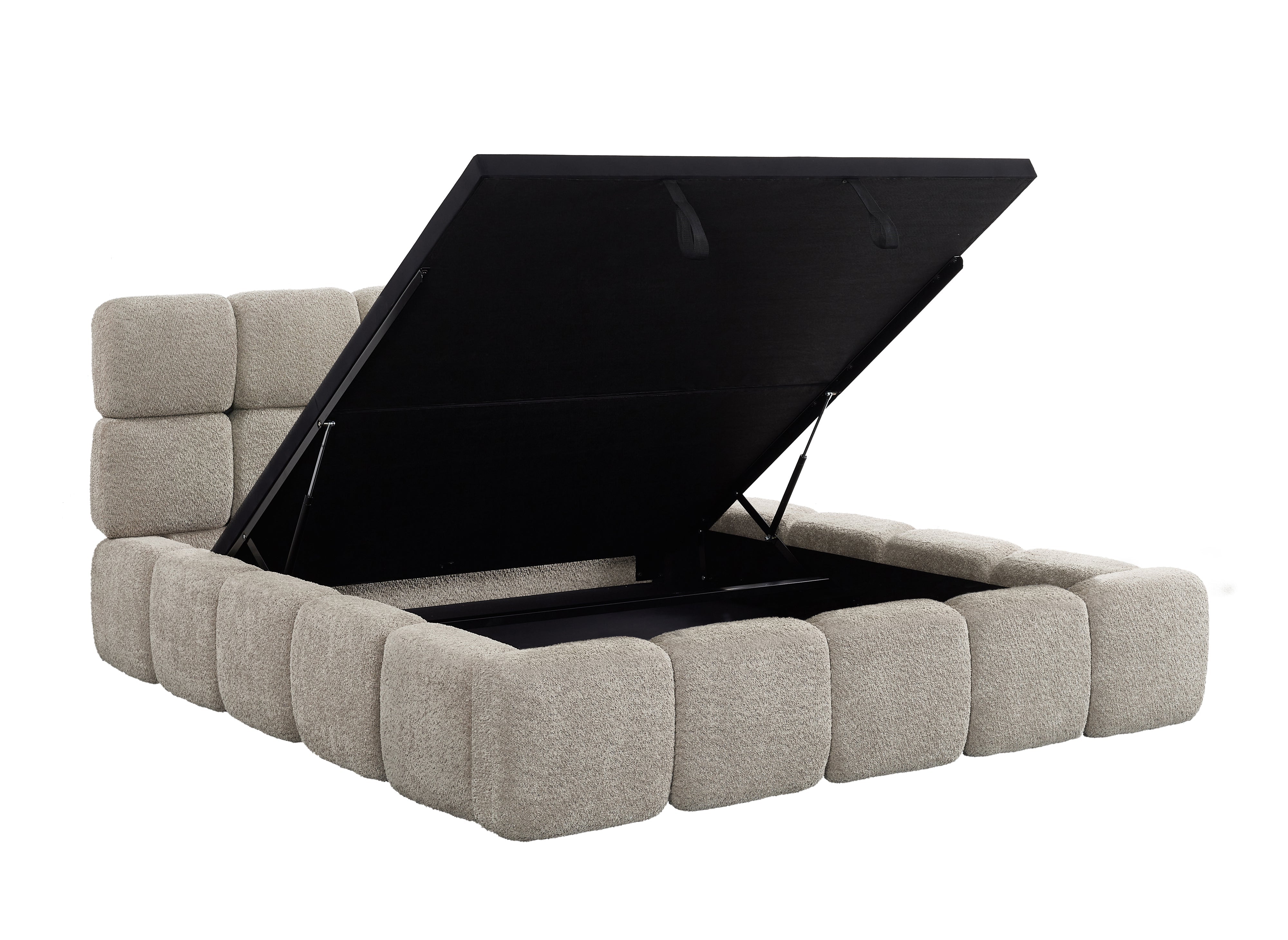 Cama con almacenaje BUBBLE de tela bouclé color topo, 180x200 cm