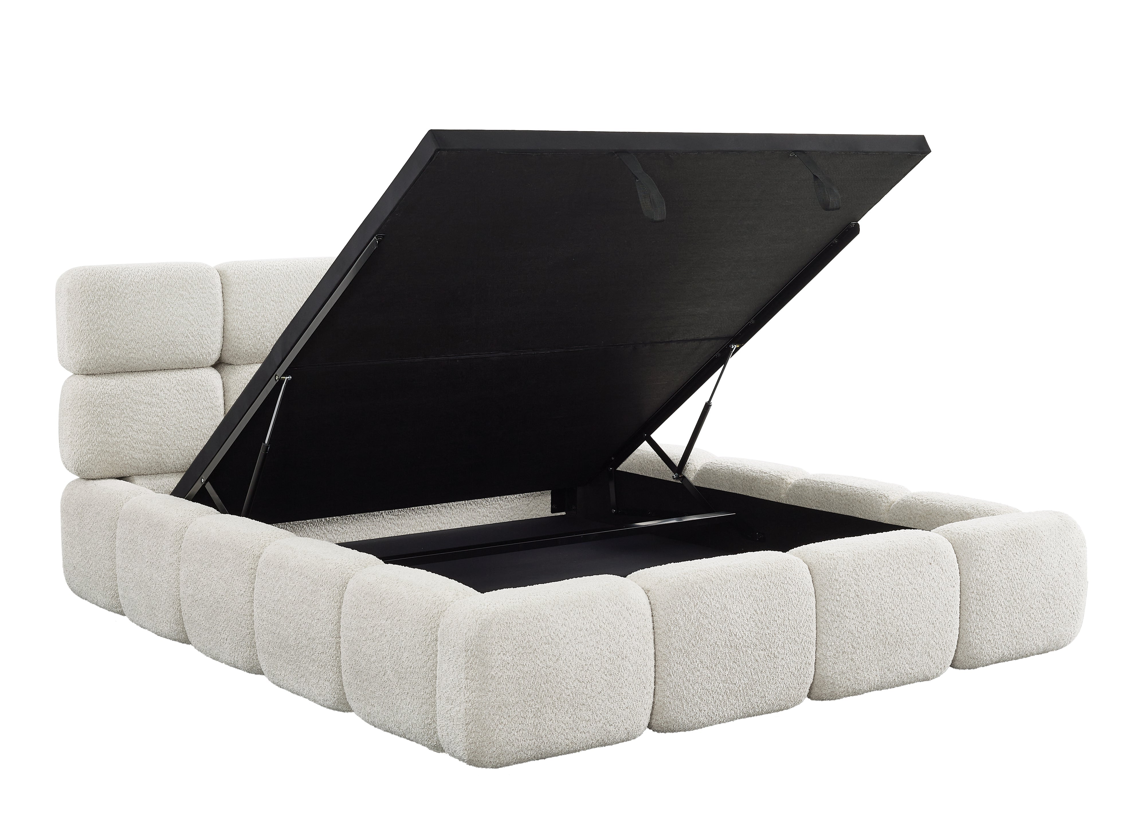 Cama con almacenaje BUBBLE de tela de rizo color beige, 160x200 cm