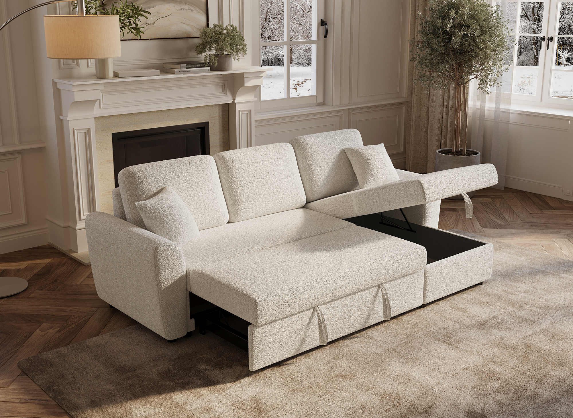 Sofá esquinero convertible y reversible ADRYEN con almacenaje en tejido bouclé beige