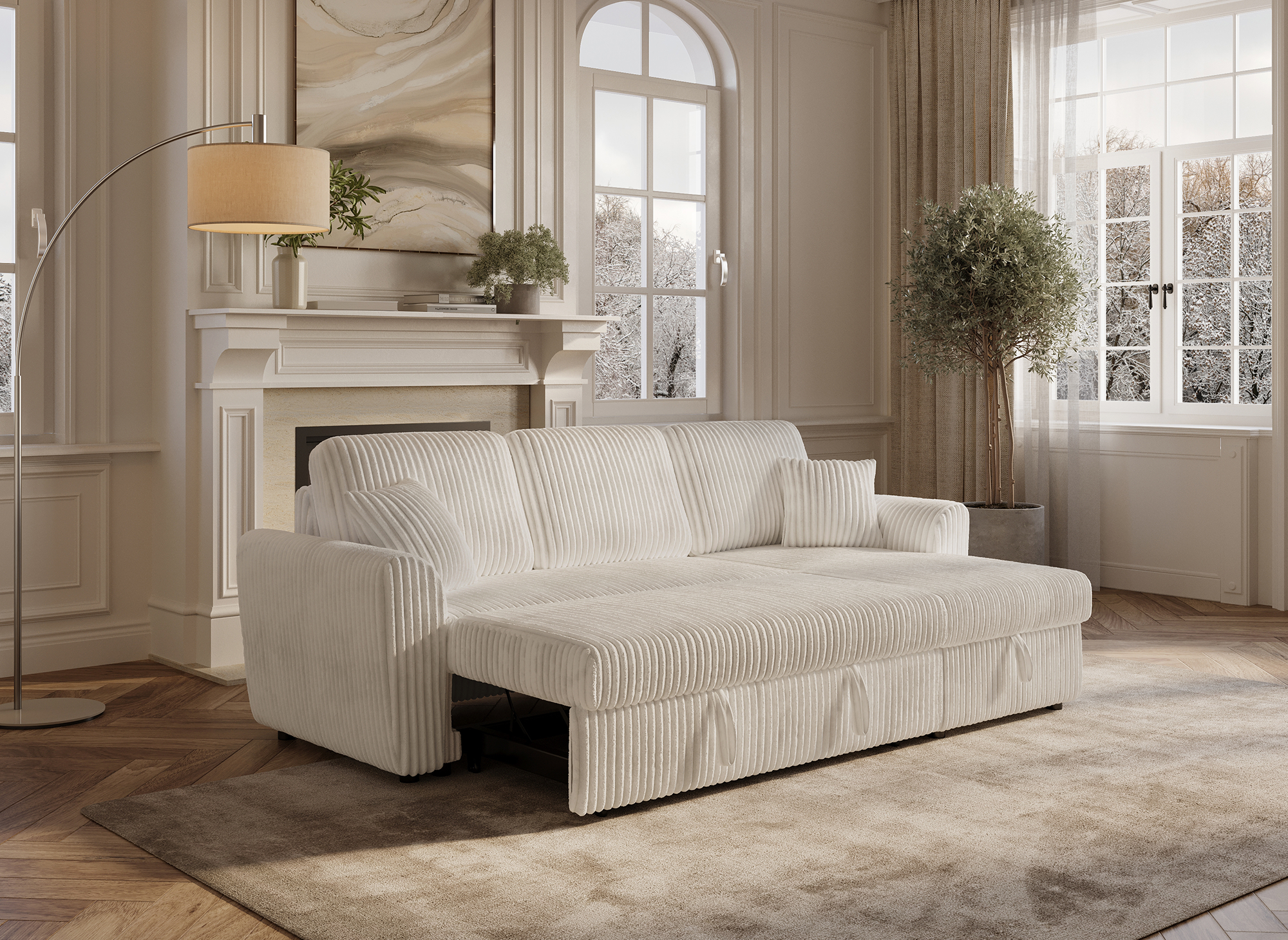 Sofá esquinero convertible y reversible con almacenaje en pana gruesa color beige ADRYEN