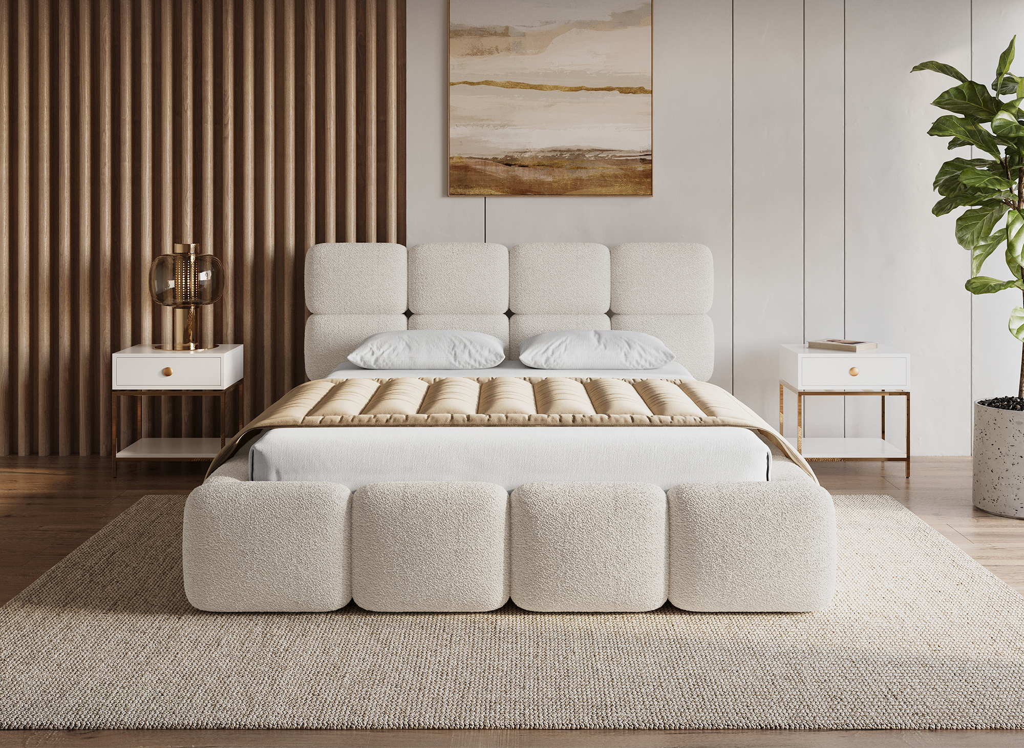 Cama con almacenaje BUBBLE de tela de rizo color beige, 160x200 cm