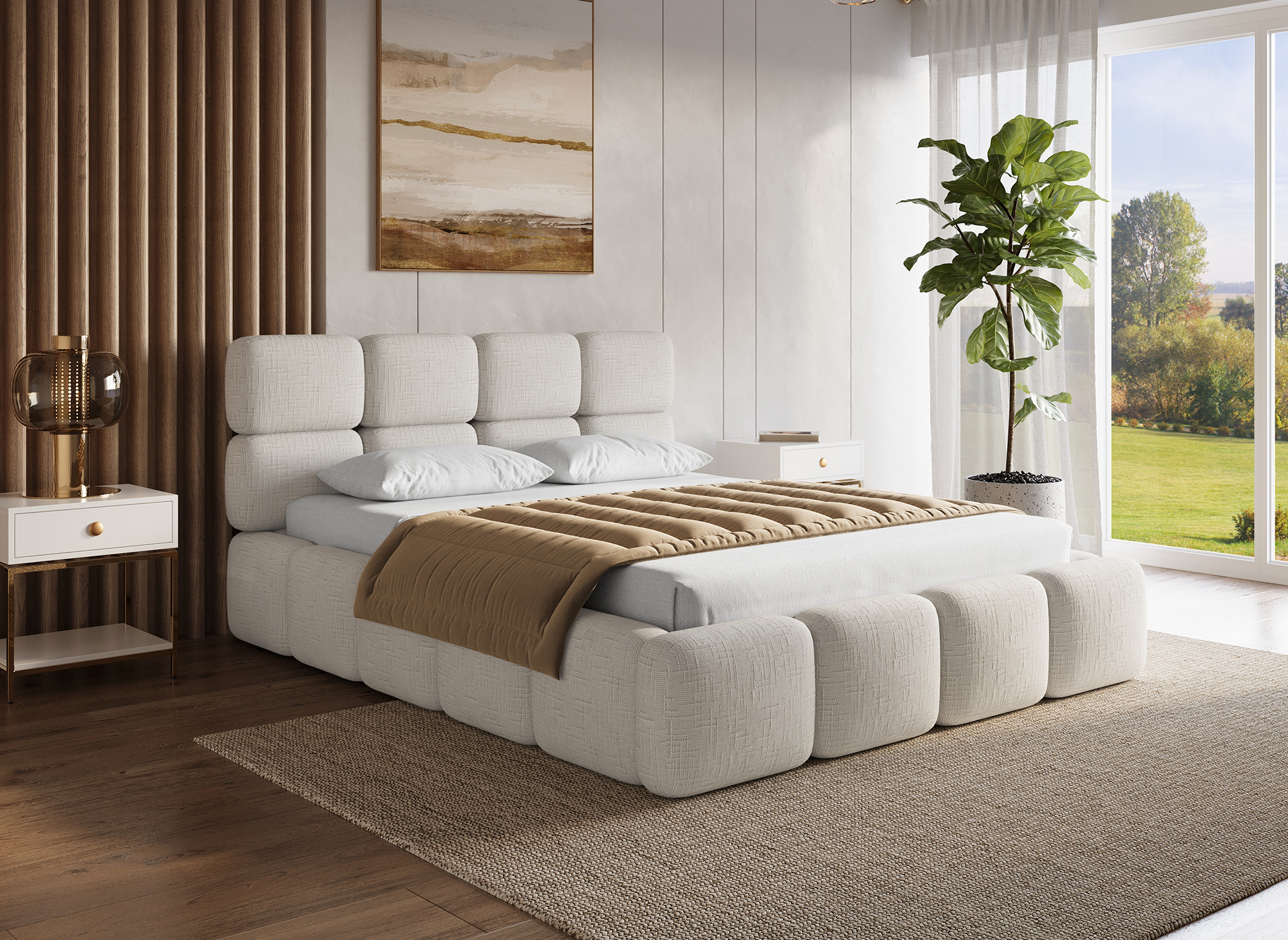 Cama de almacenaje BUBBLE de terciopelo jaspeado beige de 160x200 cm