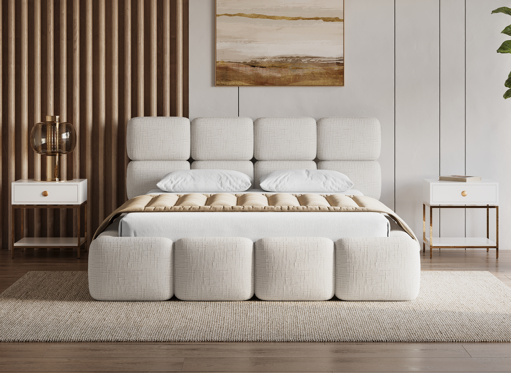 Cama de almacenaje BUBBLE de terciopelo jaspeado beige de 160x200 cm