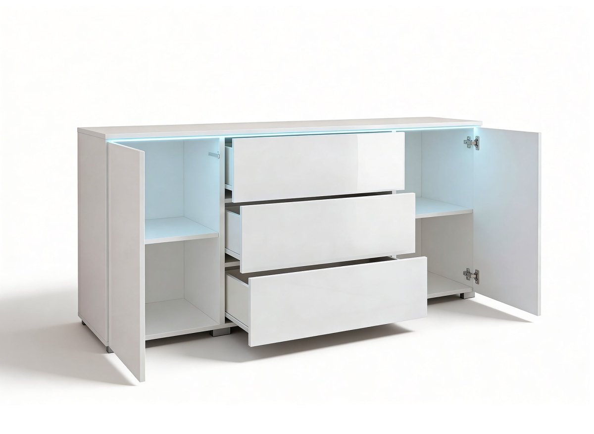 Buffet commode 2 portes 3 tiroirs blanc avec LED - ALEXIA - DécoInParis