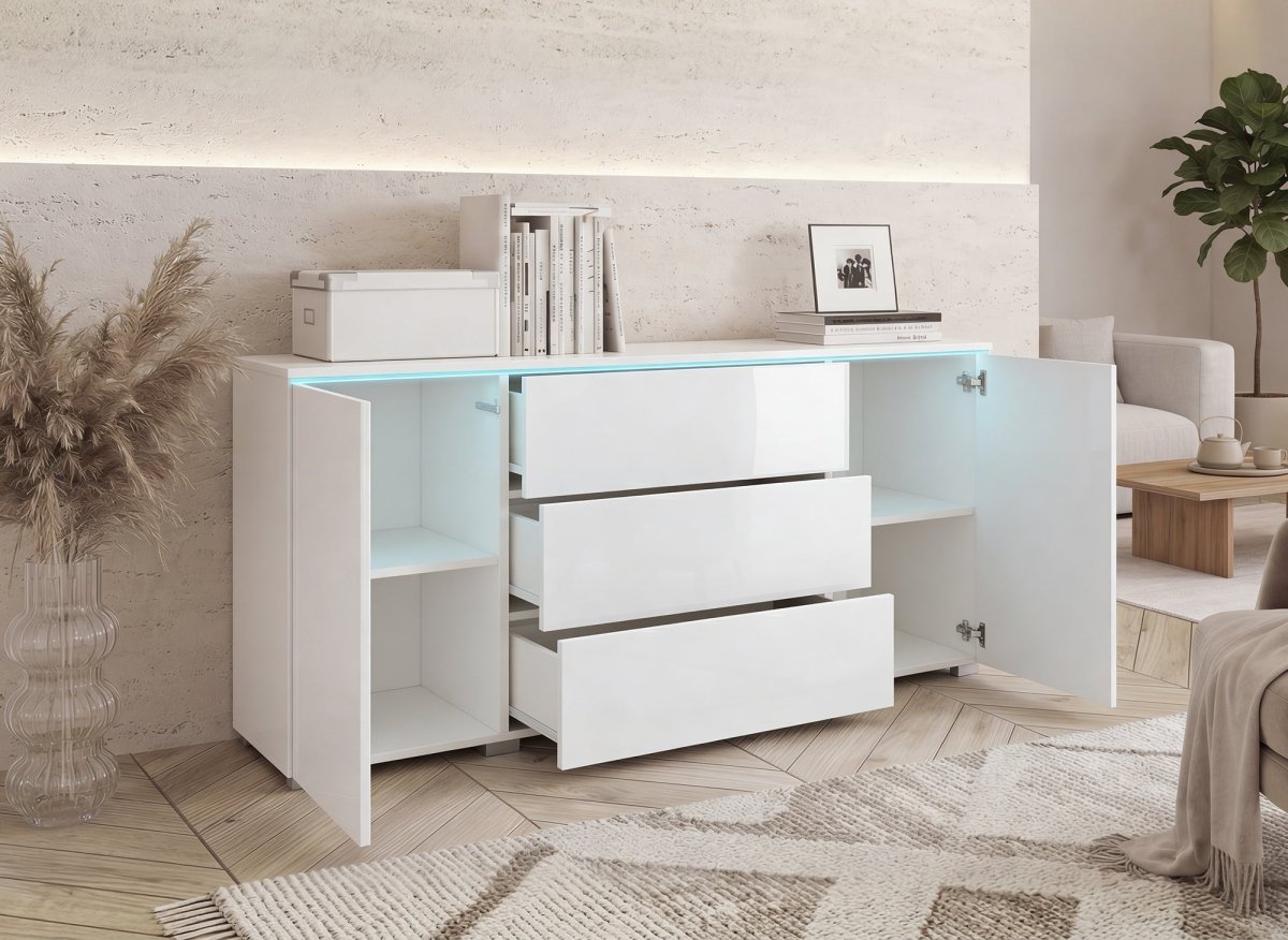 Buffet commode 2 portes 3 tiroirs blanc avec LED - ALEXIA - DécoInParis