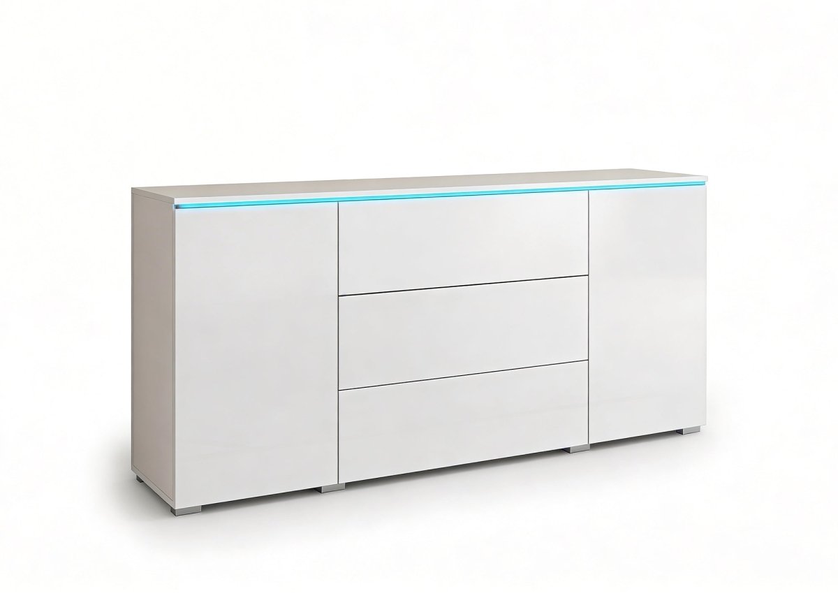 Buffet commode 2 portes 3 tiroirs blanc avec LED - ALEXIA - DécoInParis