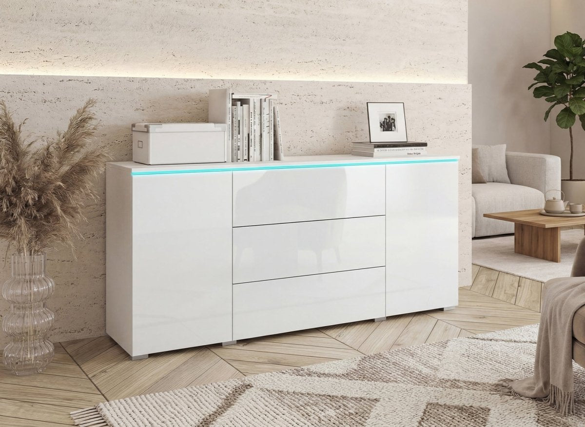 Buffet commode 2 portes 3 tiroirs blanc avec LED - ALEXIA - DécoInParis