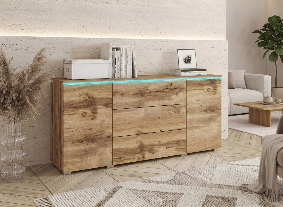 Buffet commode 2 portes 3 tiroirs chêne avec LED - ALEXIA - DécoInParis