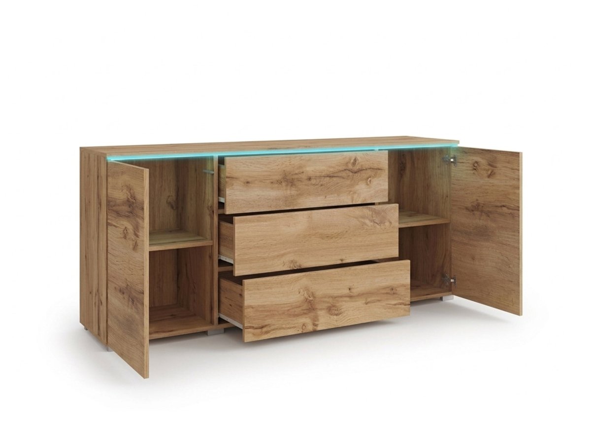 Buffet commode 2 portes 3 tiroirs chêne avec LED - ALEXIA - DécoInParis