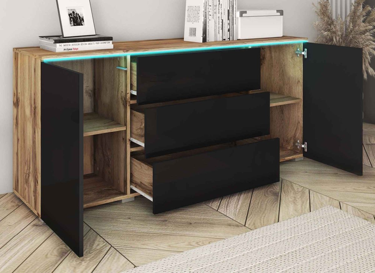 Buffet commode 2 portes 3 tiroirs chêne et noir avec LED - ALEXIA - DécoInParis