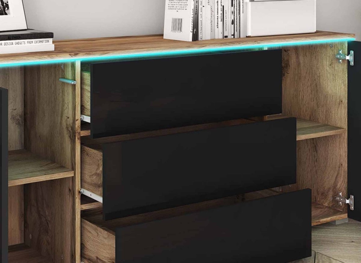 Buffet commode 2 portes 3 tiroirs chêne et noir avec LED - ALEXIA - DécoInParis