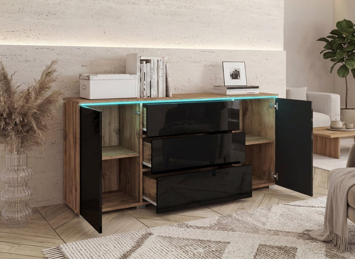 Buffet commode 2 portes 3 tiroirs chêne et noir avec LED - ALEXIA - DécoInParis