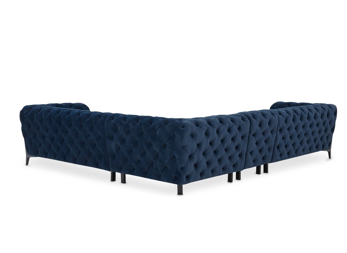 Canapé capitonné chesterfield d'angle réversible en velours bleu CARMEN - DécoInParis