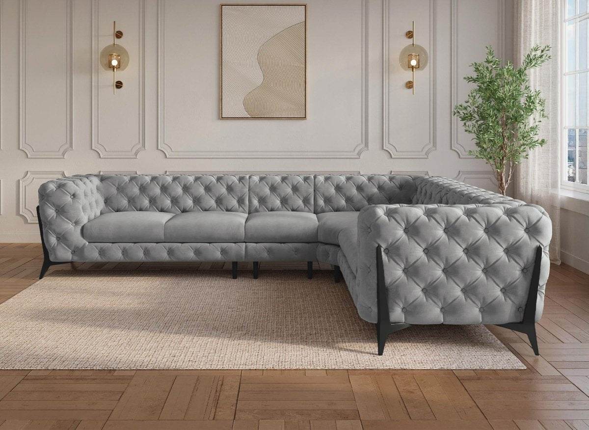 Canapé capitonné chesterfield d'angle réversible en velours gris CARMEN - DécoInParis