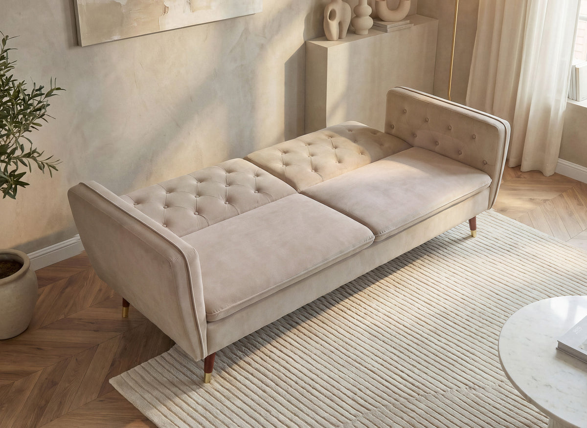 Sofá cama convertible ARIANE de 3 plazas en tela de terciopelo beige