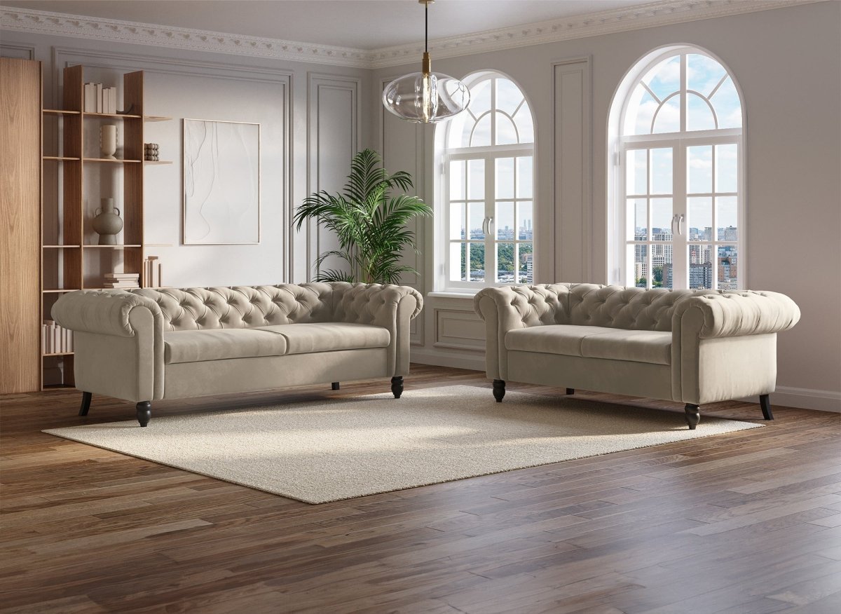 Canapé Chesterfield 2 places en velours beige WINSTON - DécoInParis