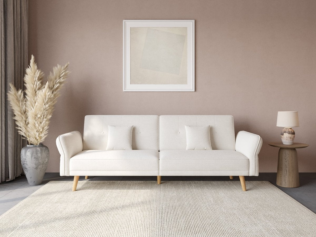 Canapé clic clac 3 places en tissu bouclette blanc écru CHILI - DécoInParis