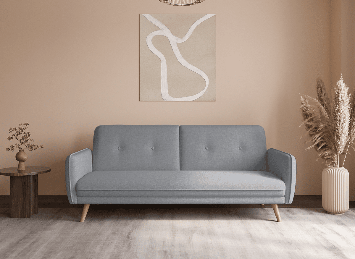 Canapé clic clac en tissu gris clair avec pieds en bois NATAL - DécoInParis