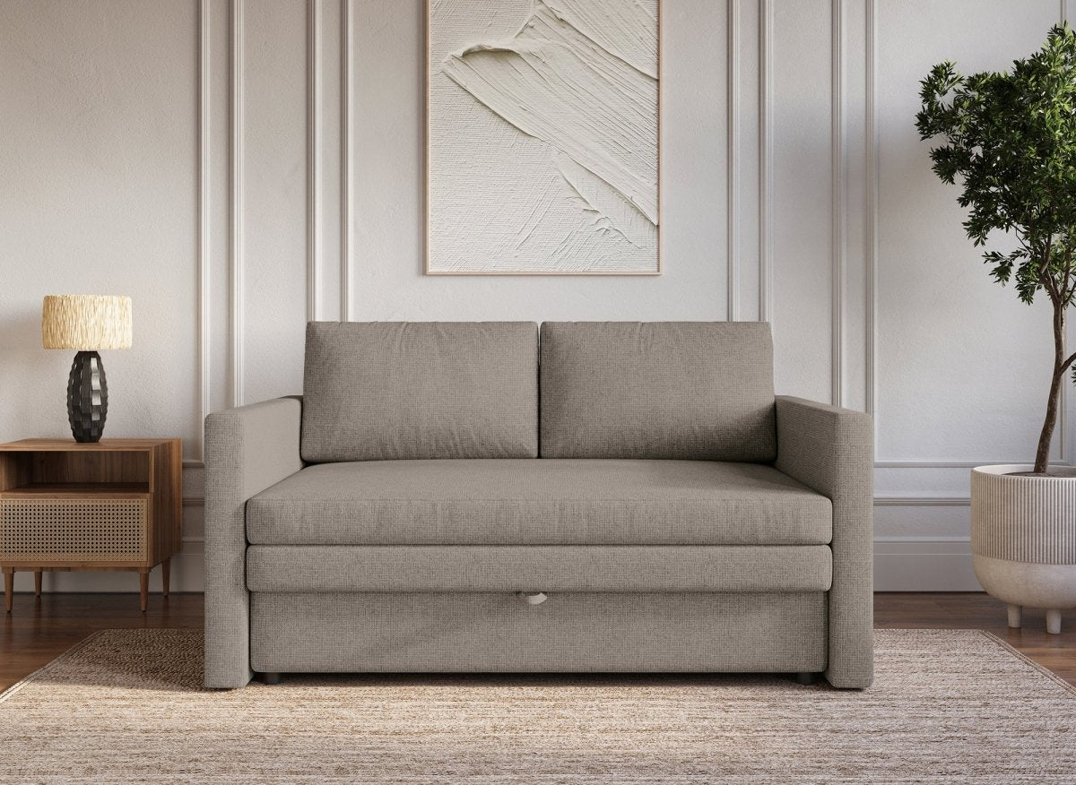 Canapé convertible 2 places avec coffre de rangement en tissu taupe YERAZ - DécoInParis