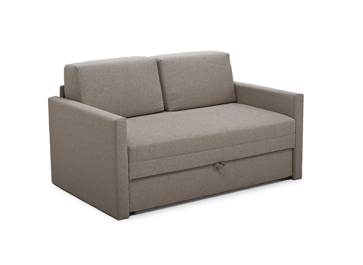 Canapé convertible 2 places avec coffre de rangement en tissu taupe YERAZ - DécoInParis