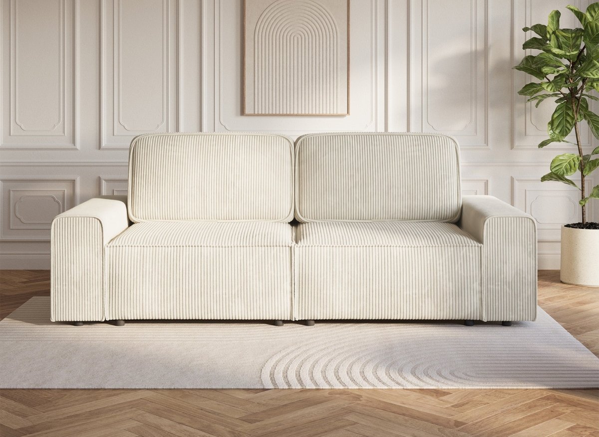 Canapé convertible 3 places avec coffre en velours côtelé épais beige DONA - DécoInParis