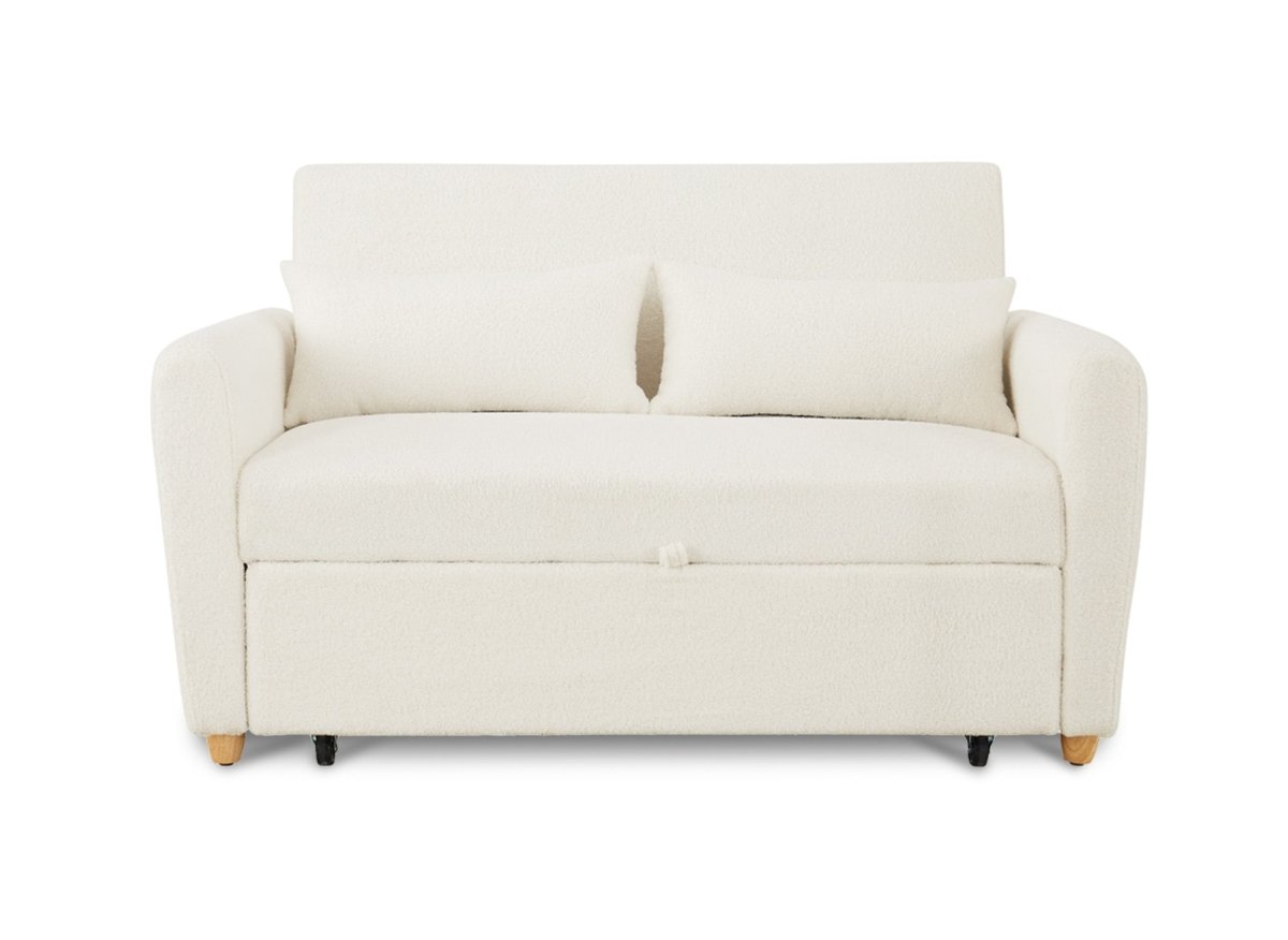 Canapé convertible 3 places en tissu bouclette blanc écru KALAYA - DécoInParis