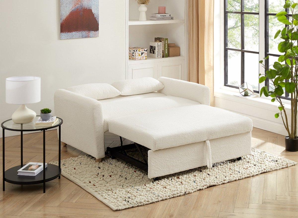 Canapé convertible 3 places en tissu bouclette blanc écru KALAYA - DécoInParis