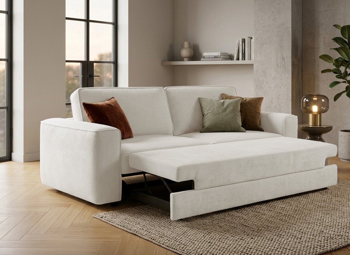 Canapé convertible 3 places en velours chiné beige DENITSA - DécoInParis