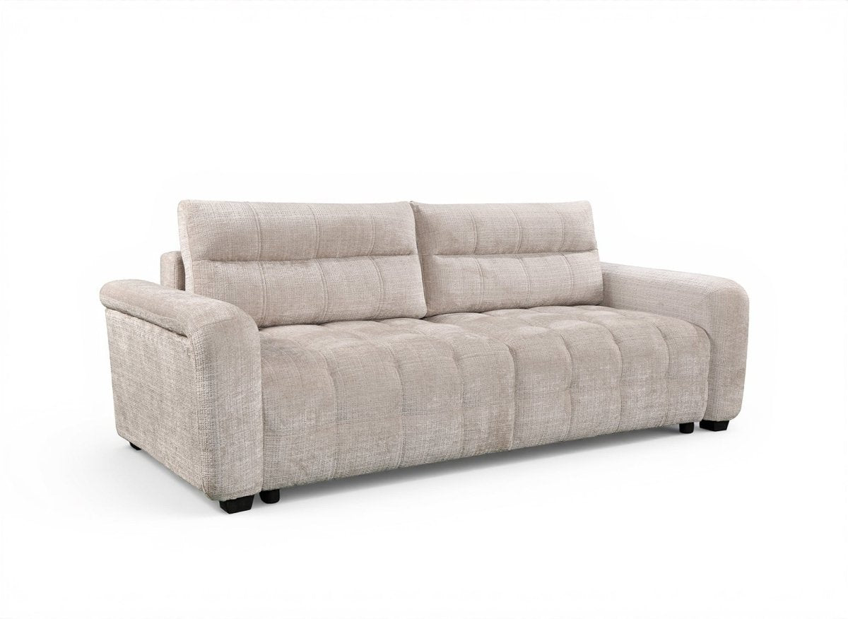 Canapé convertible avec coffre 3 places en velours chiné beige RALYA - DécoInParis