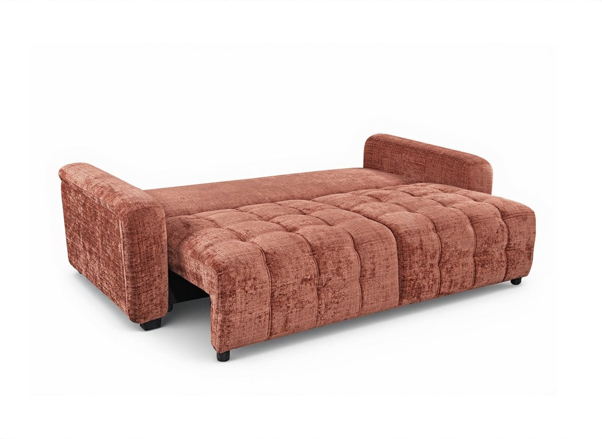 Canapé convertible avec coffre 3 places en velours chiné terracotta RALYA - DécoInParis