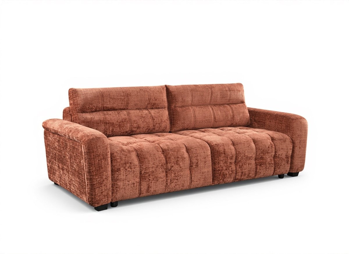 Canapé convertible avec coffre 3 places en velours chiné terracotta RALYA - DécoInParis