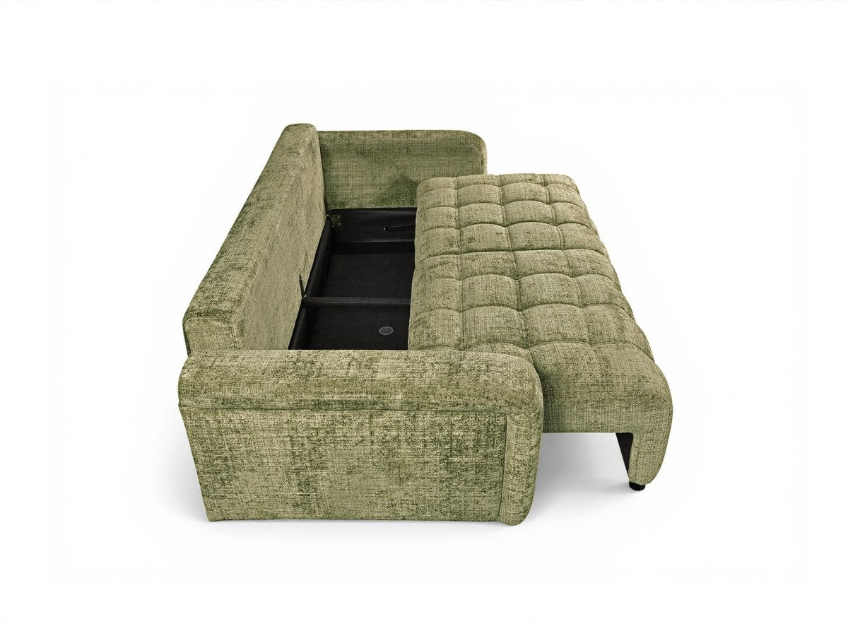 Canapé convertible avec coffre 3 places en velours chiné vert olive RALYA - DécoInParis