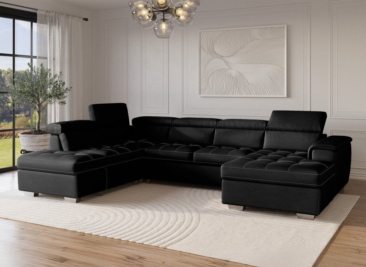 Canapé convertible et panoramique avec coffre de rangement en tissu noir OLIVER - Angle Droit - DécoInParis