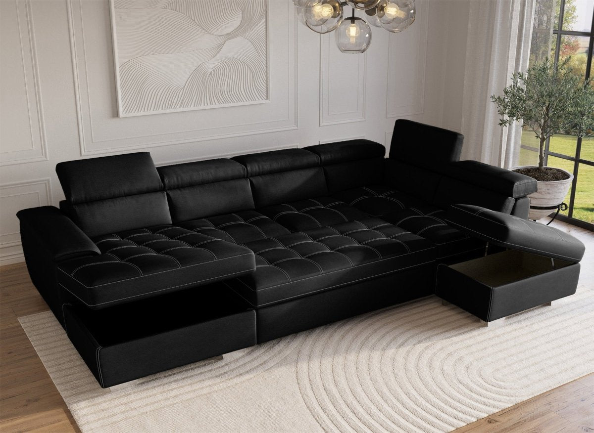 Canapé convertible et panoramique avec coffre de rangement en tissu noir OLIVER - Angle Gauche - DécoInParis
