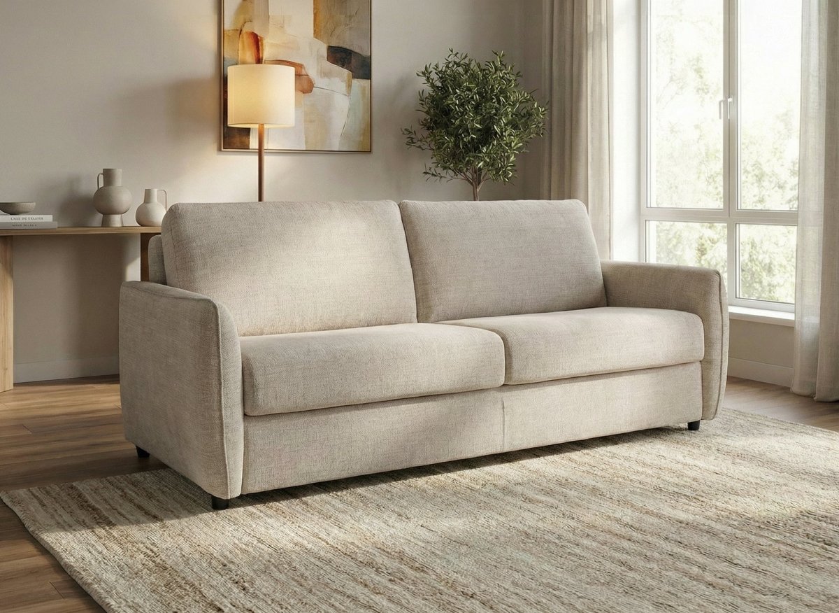 Canapé convertible express 3 places en velours texturé beige CHIARA - DécoInParis