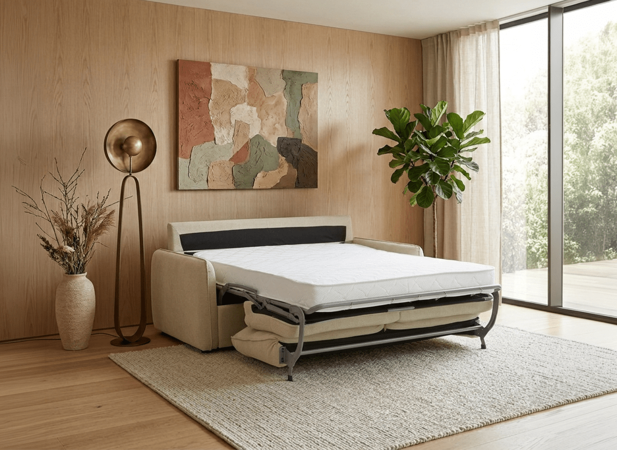 Canapé convertible express 3 places matelas 15 cm en tissu texturé beige ADILIO - DécoInParis