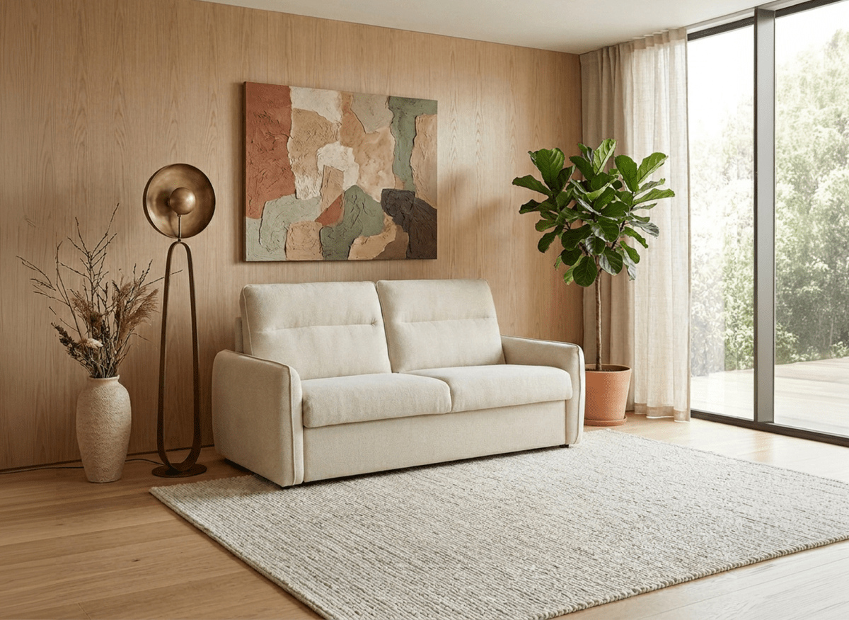 Canapé convertible express 3 places matelas 15 cm en tissu texturé beige ADILIO - DécoInParis