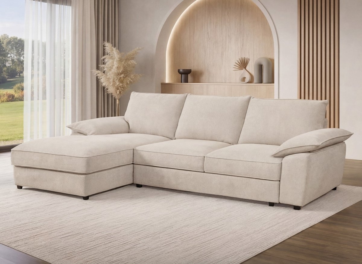 Canapé d'angle convertible avec coffre de rangement en velours chiné beige GABIN - Angle gauche - DécoInParis