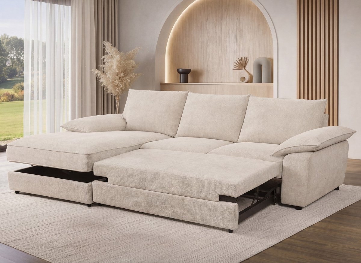 Canapé d'angle convertible avec coffre de rangement en velours chiné beige GABIN - Angle gauche - DécoInParis