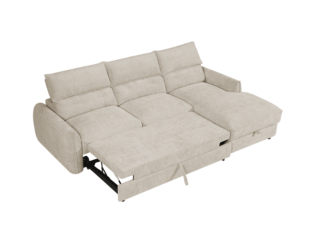 Canapé d'angle convertible avec coffre de rangement en velours chiné beige SAMINA - Angle droit - DécoInParis