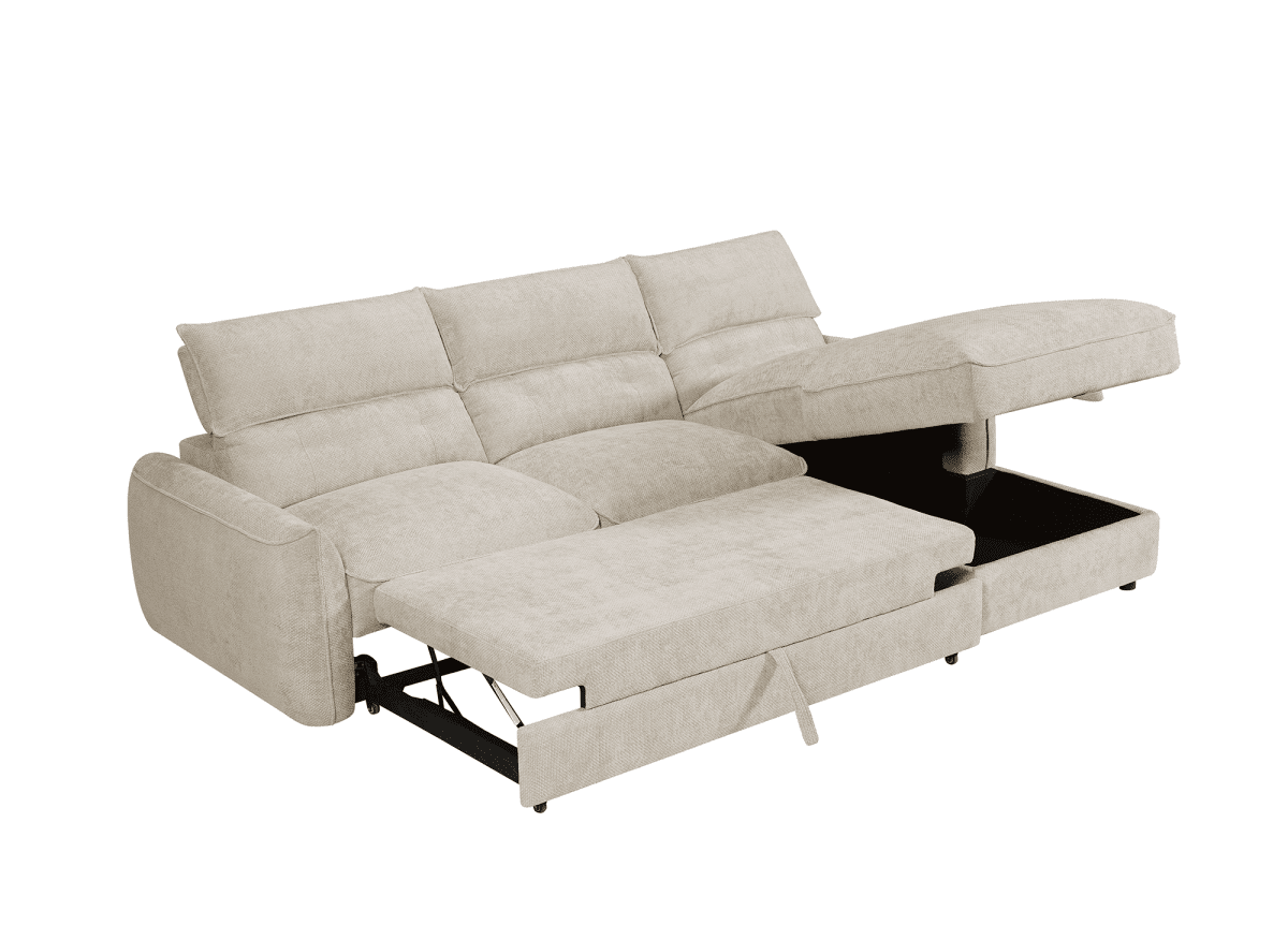 Canapé d'angle convertible avec coffre de rangement en velours chiné beige SAMINA - Angle droit - DécoInParis