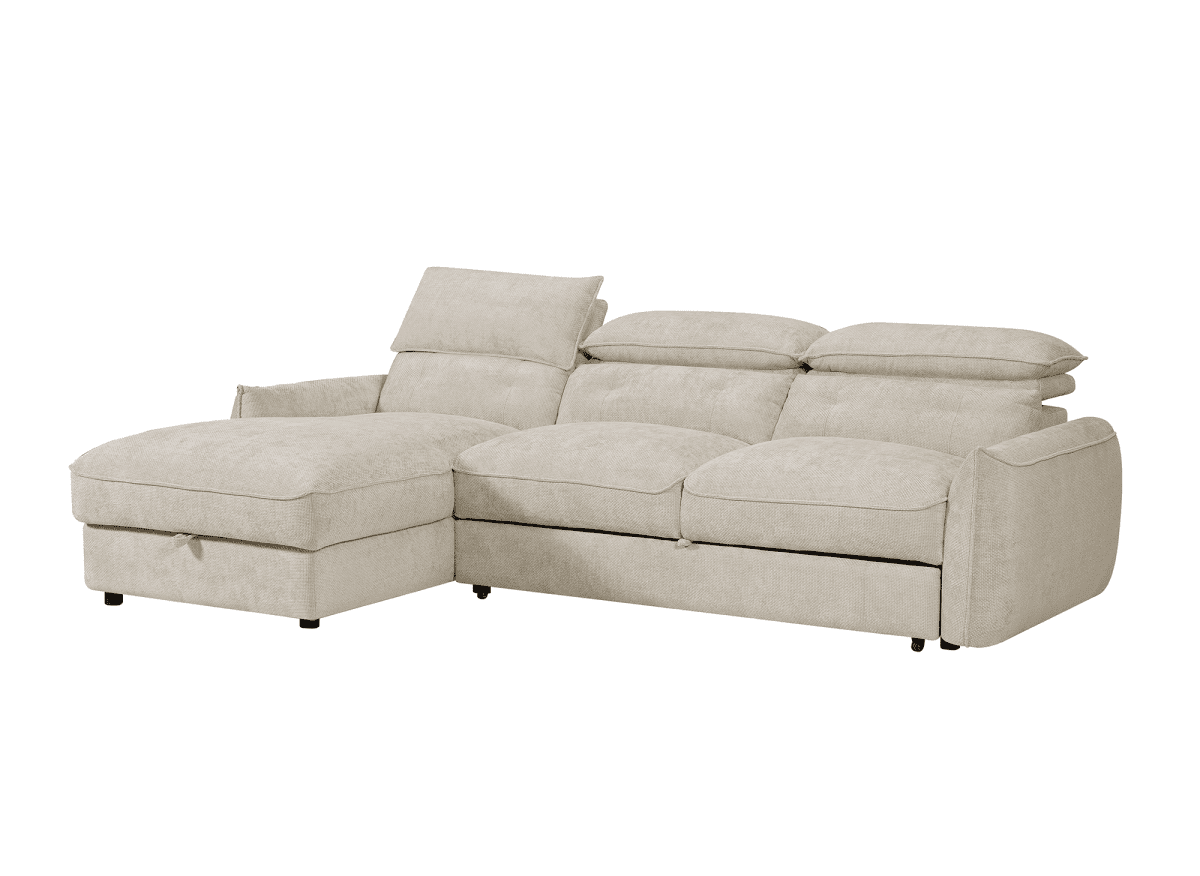 Canapé d'angle convertible avec coffre de rangement en velours chiné beige SAMINA - Angle gauche - DécoInParis
