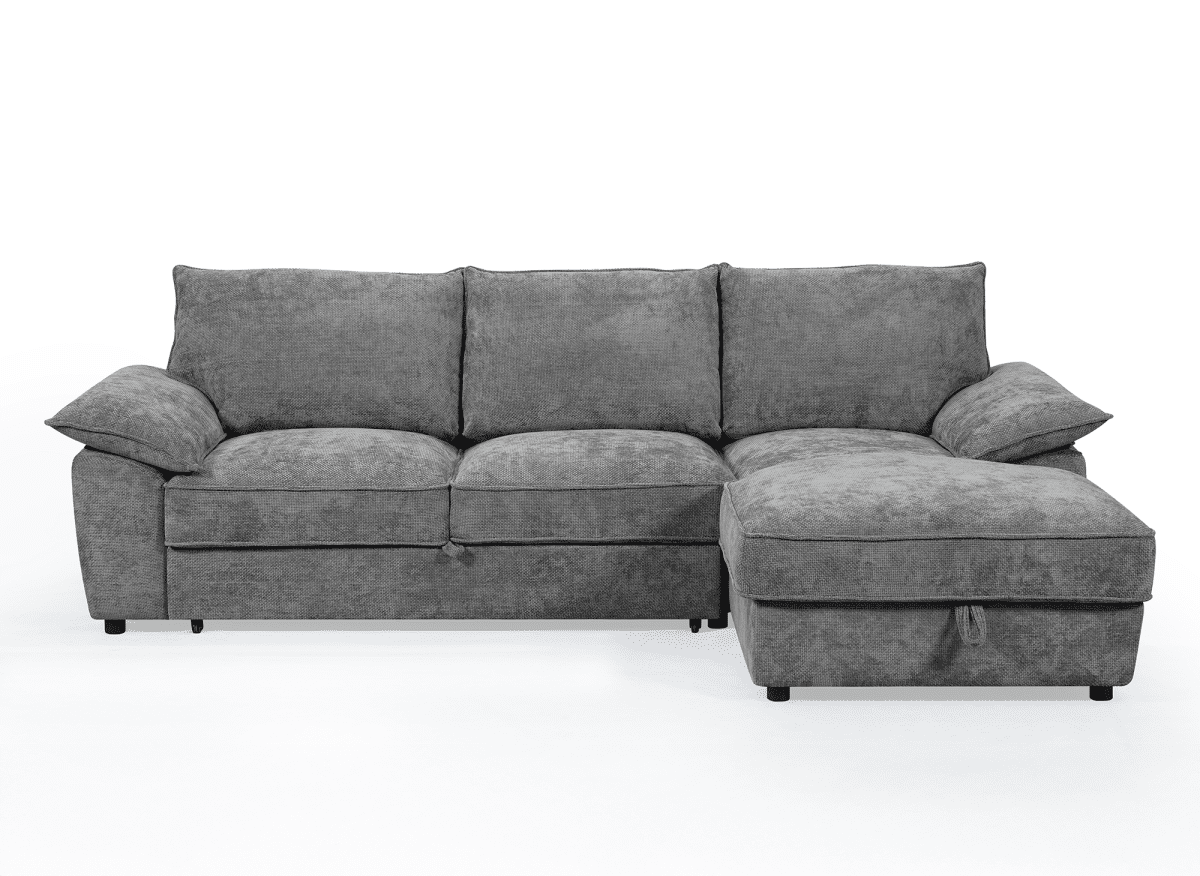 Canapé d'angle convertible avec coffre de rangement en velours chiné gris GABIN - Angle droit - DécoInParis