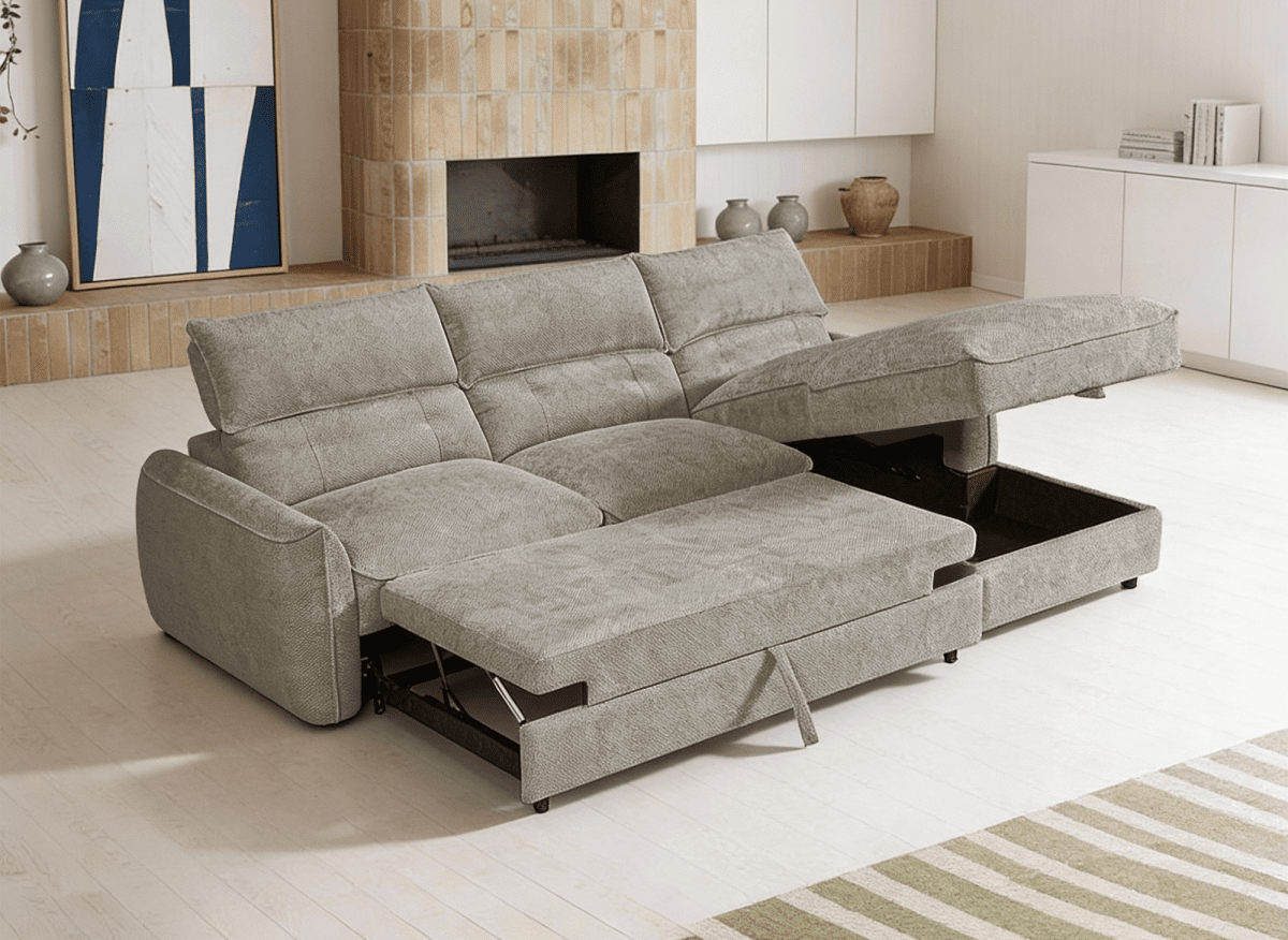 Canapé d'angle convertible avec coffre de rangement en velours chiné taupe SAMINA - Angle droit - DécoInParis