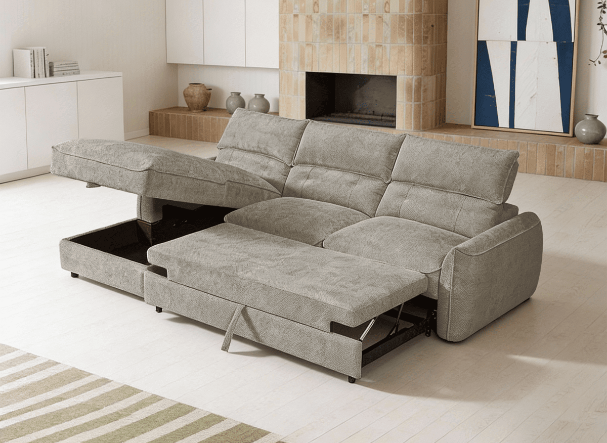 Canapé d'angle convertible avec coffre de rangement en velours chiné taupe SAMINA - Angle gauche - DécoInParis