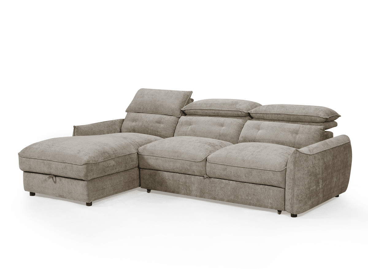 Canapé d'angle convertible avec coffre de rangement en velours chiné taupe SAMINA - Angle gauche - DécoInParis