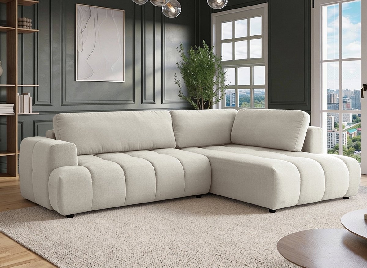 Canapé d'angle convertible avec coffre en tissu beige HAVEN - Angle droit - DécoInParis