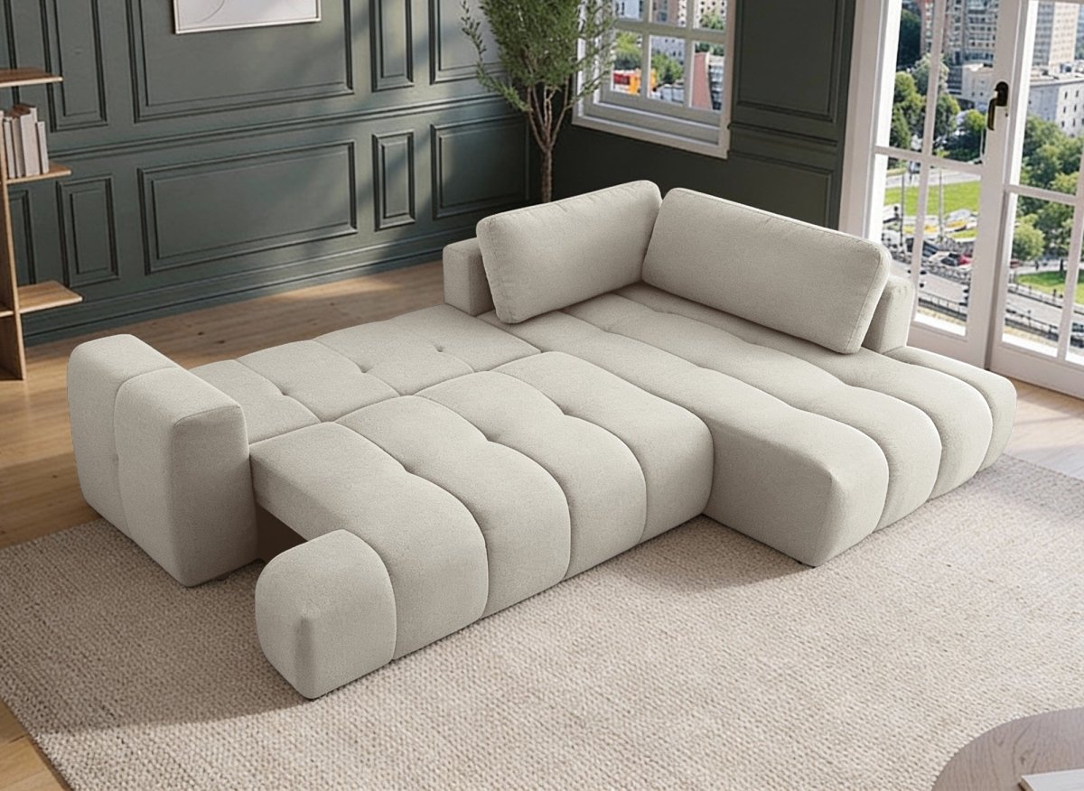 Canapé d'angle convertible avec coffre en tissu beige HAVEN - Angle droit - DécoInParis